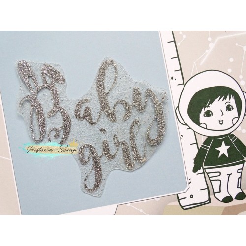 Надпись из термотрансфера "Baby Girl", цвет серебро глиттер, ширина 82 мм